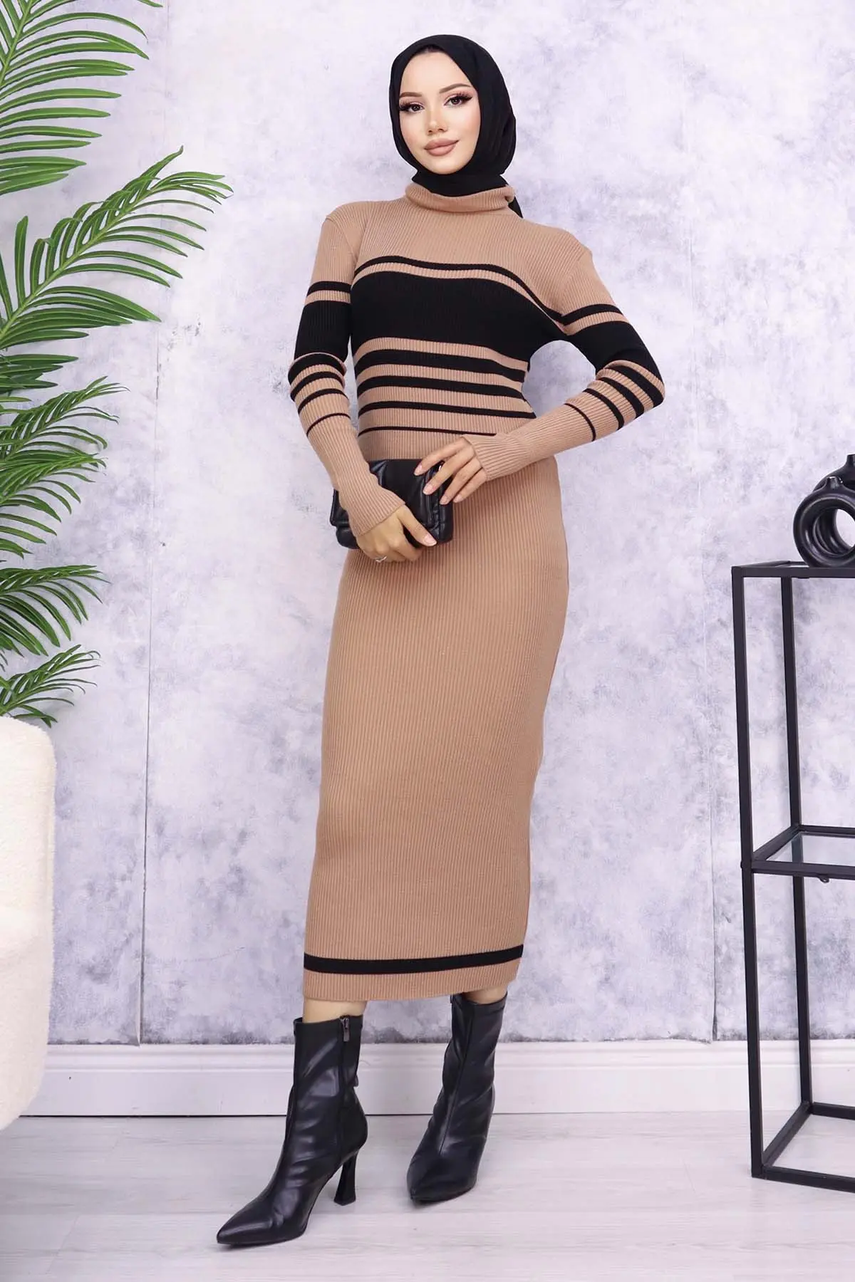 6146 Balıkçı Yaka Triko Elbise Vizon-detail