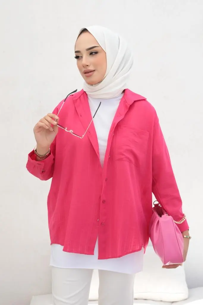 61505 Kendinden Desenli Tesettür Gömlek Fuşya-detail