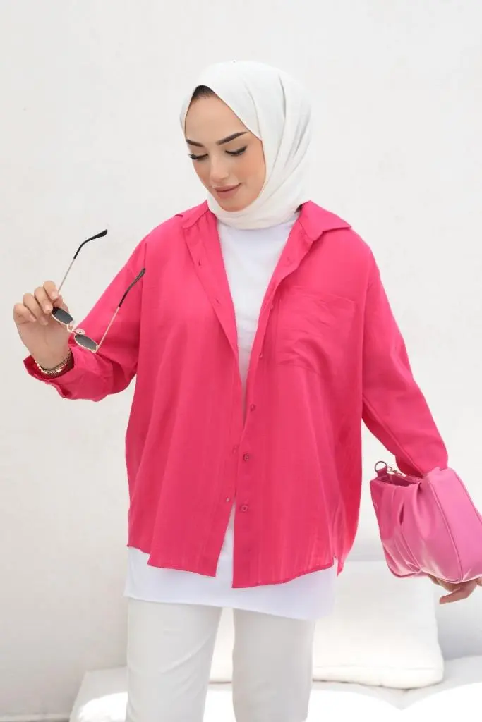 61505 Kendinden Desenli Tesettür Gömlek Fuşya-detail