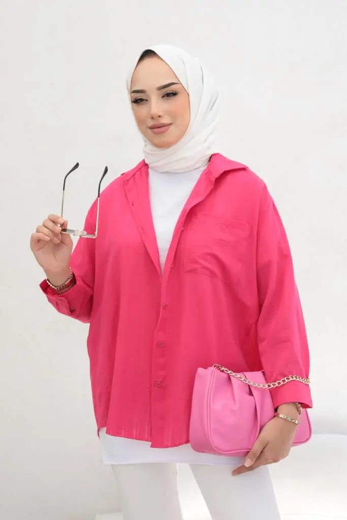 61505 Kendinden Desenli Tesettür Gömlek Fuşya-detail