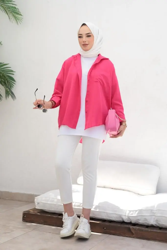 61505 Kendinden Desenli Tesettür Gömlek Fuşya-detail