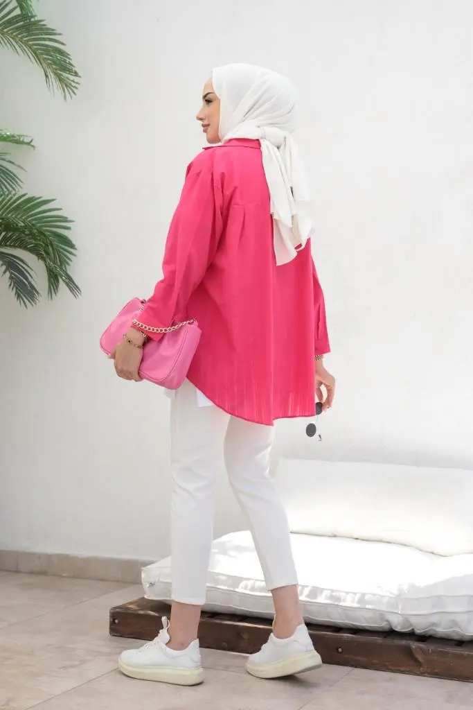 61505 Kendinden Desenli Tesettür Gömlek Fuşya-detail