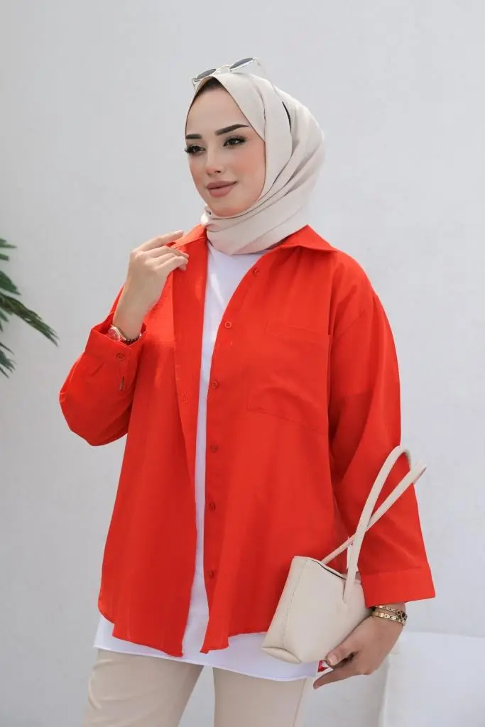 61505 Kendinden Desenli Tesettür Gömlek Oranj-detail