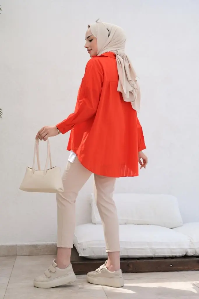 61505 Kendinden Desenli Tesettür Gömlek Oranj-detail