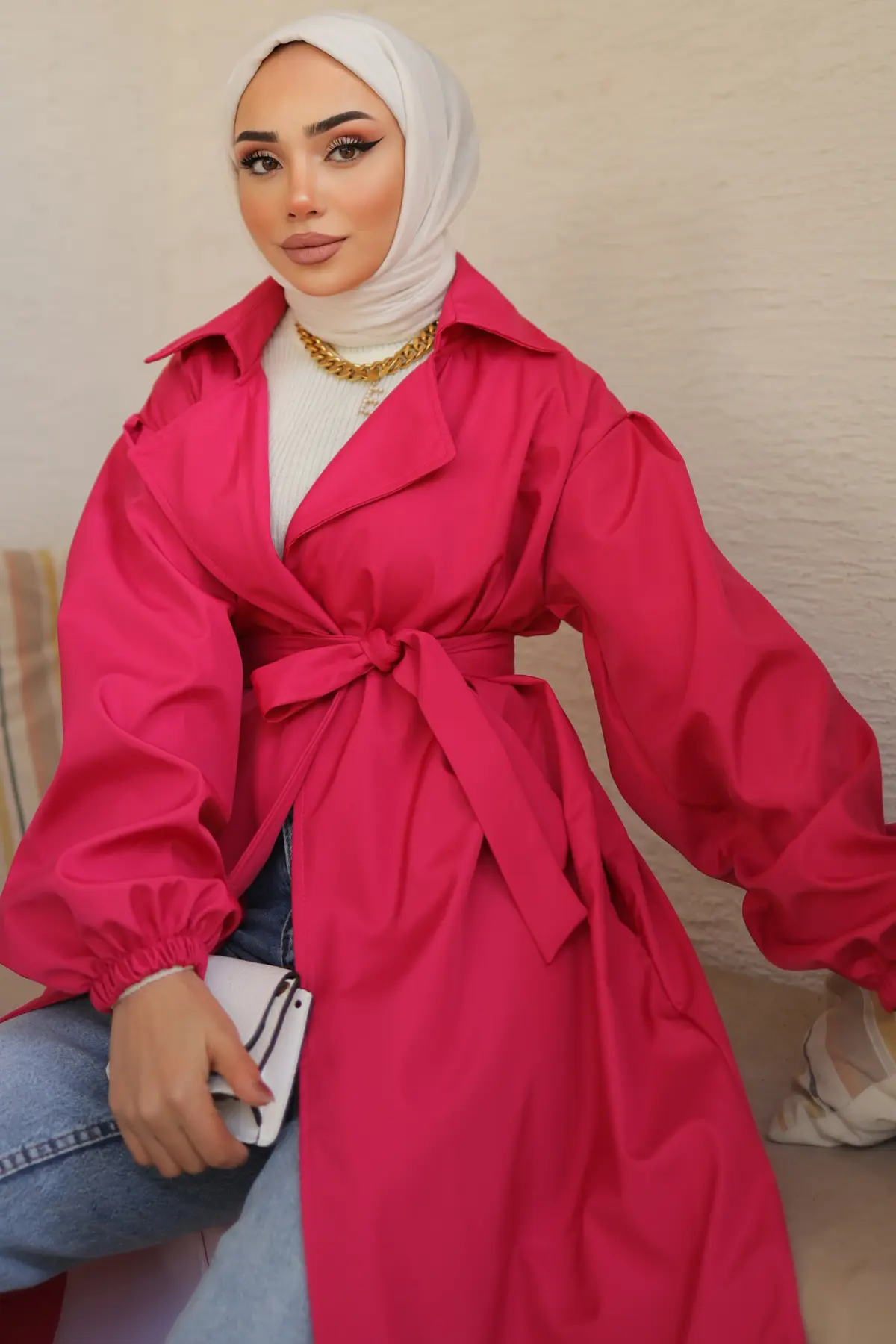 61533 Kuşaklı Trençkot Fuşya-detail