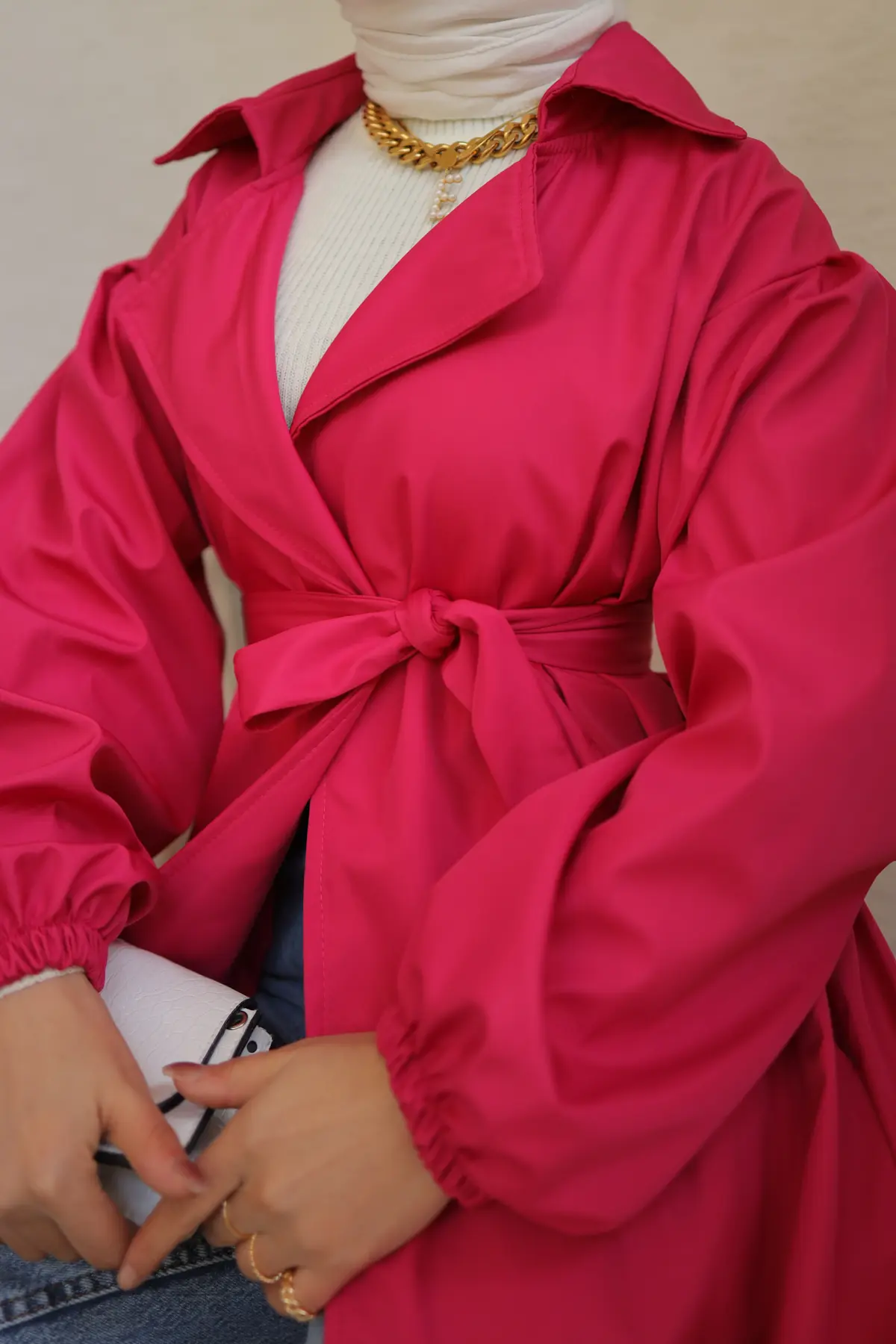 61533 Kuşaklı Trençkot Fuşya-detail