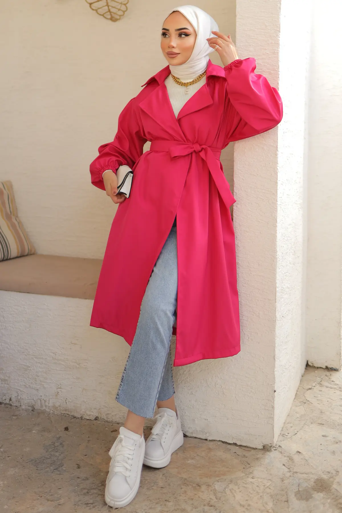 61533 Kuşaklı Trençkot Fuşya-detail