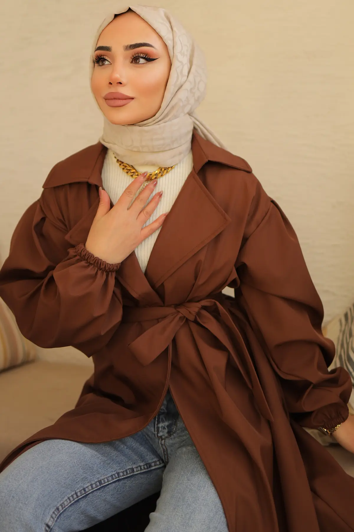 61533 Kuşaklı Trençkot Kahverengi-detail