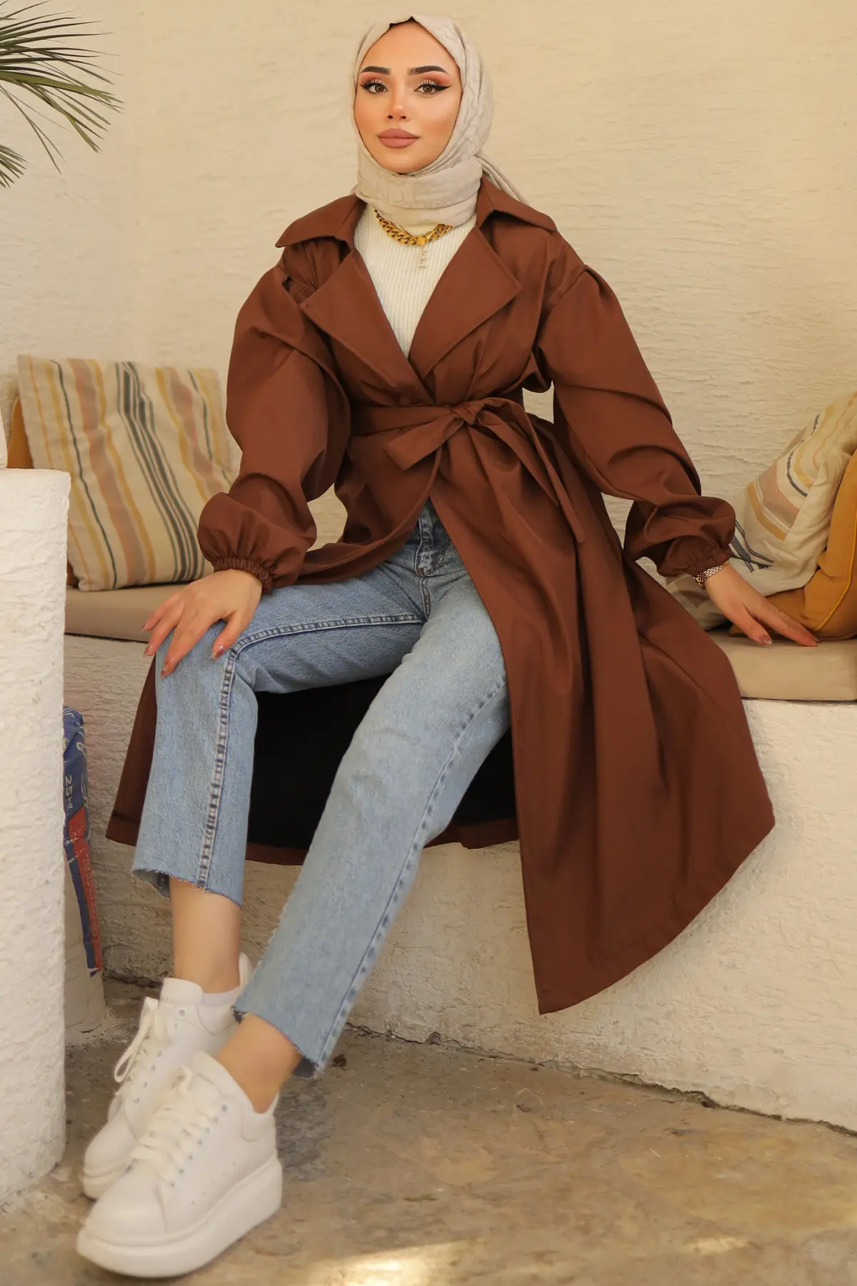 61533 Kuşaklı Trençkot Kahverengi-detail