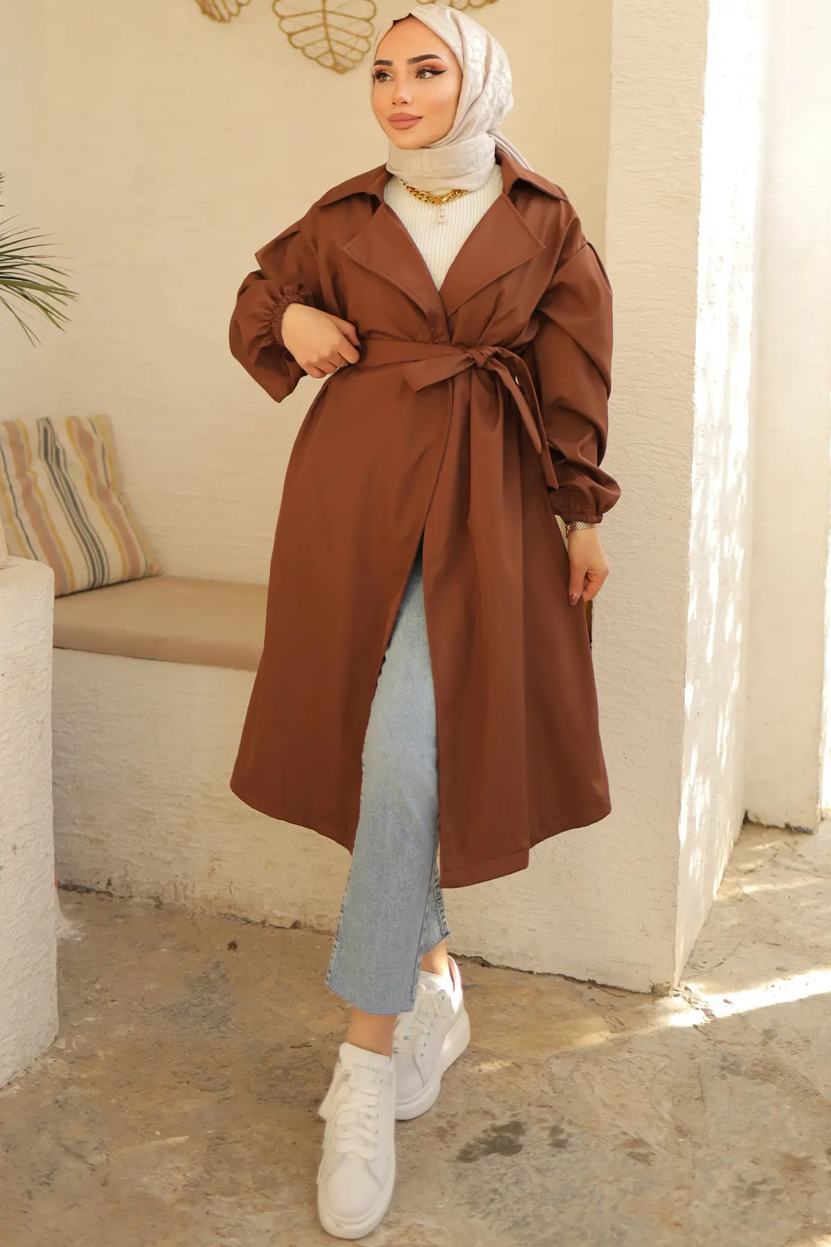 61533 Kuşaklı Trençkot Kahverengi-detail