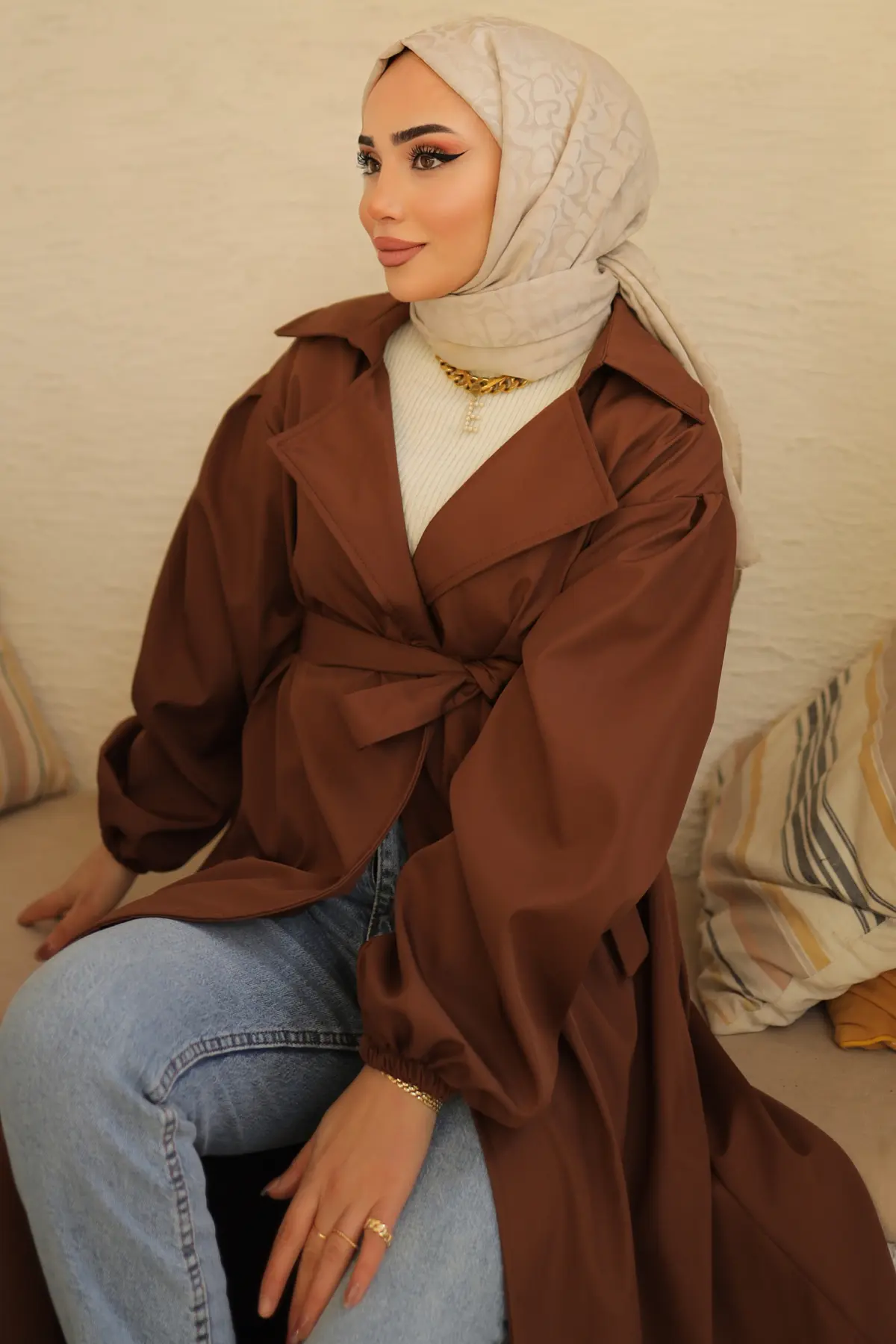 61533 Kuşaklı Trençkot Kahverengi-detail