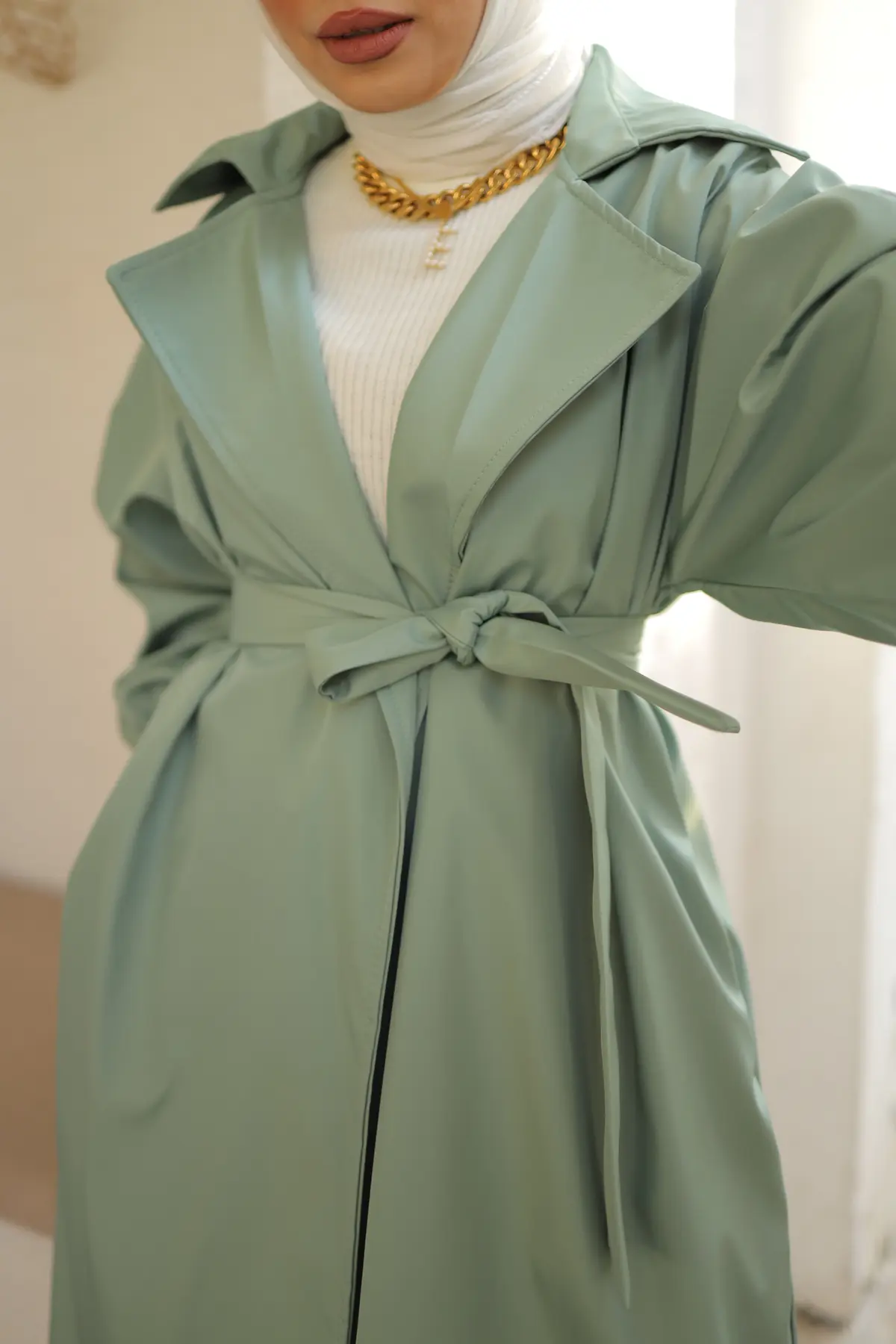 61533 Kuşaklı Trençkot Mint Yeşili-detail