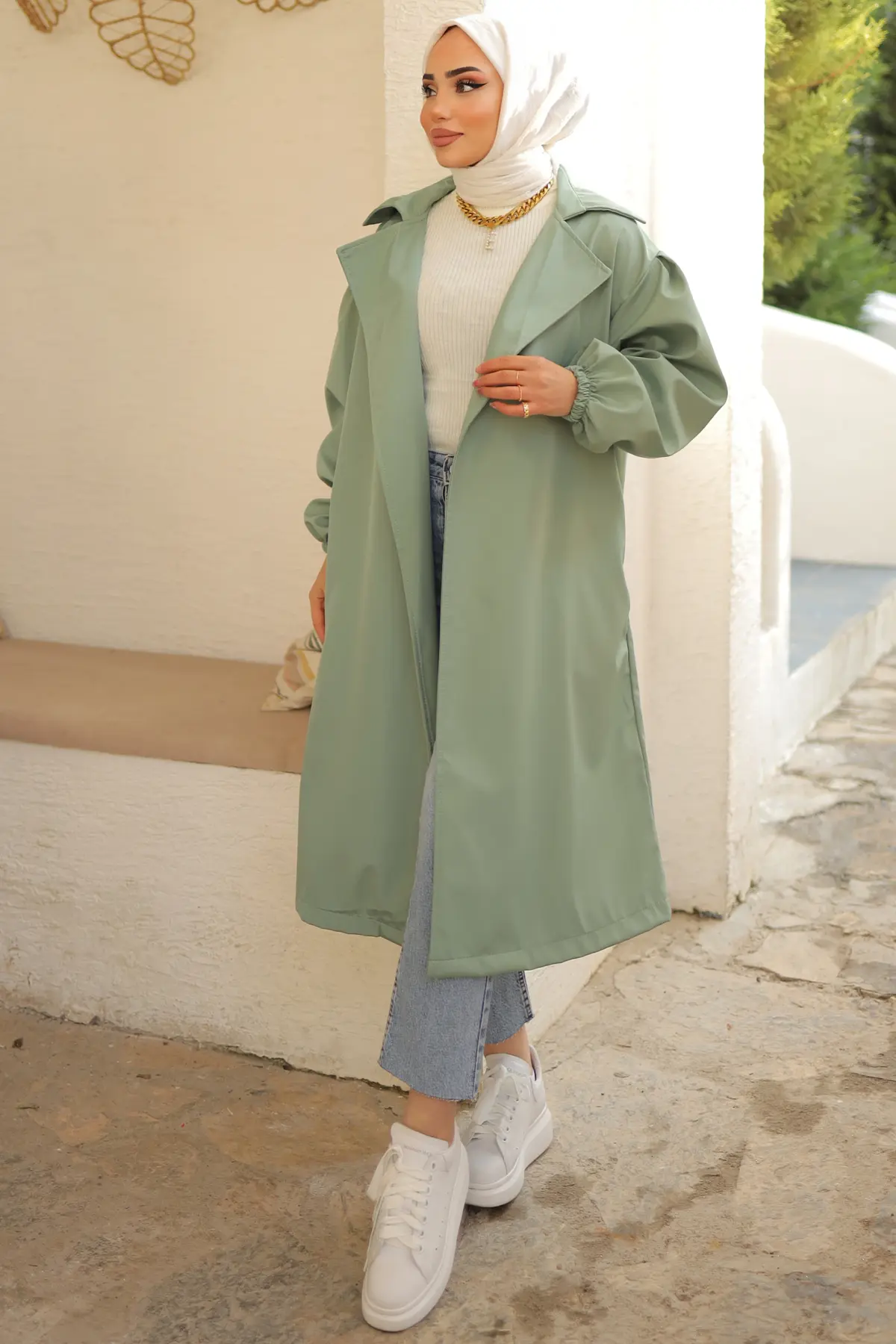 61533 Kuşaklı Trençkot Mint Yeşili-detail