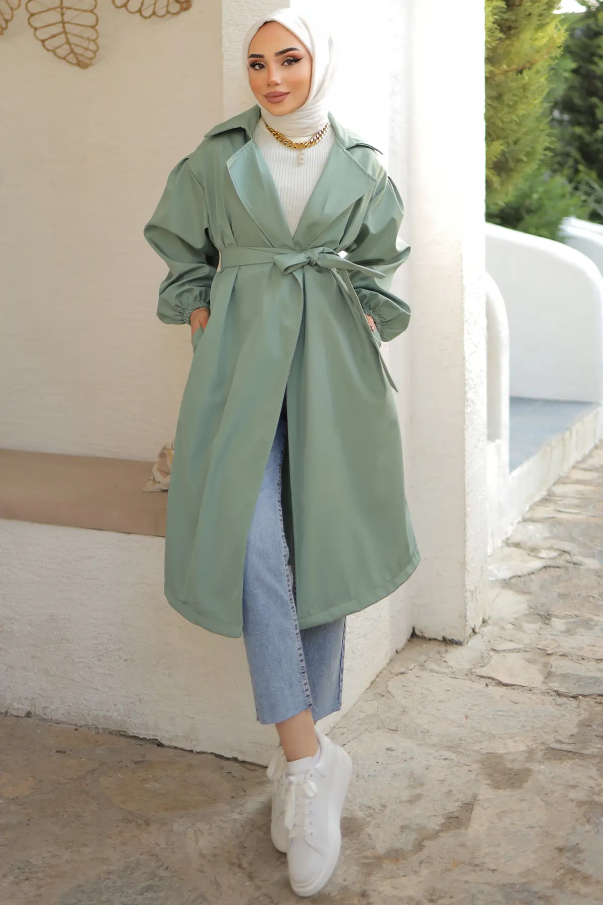 61533 Kuşaklı Trençkot Mint Yeşili-detail