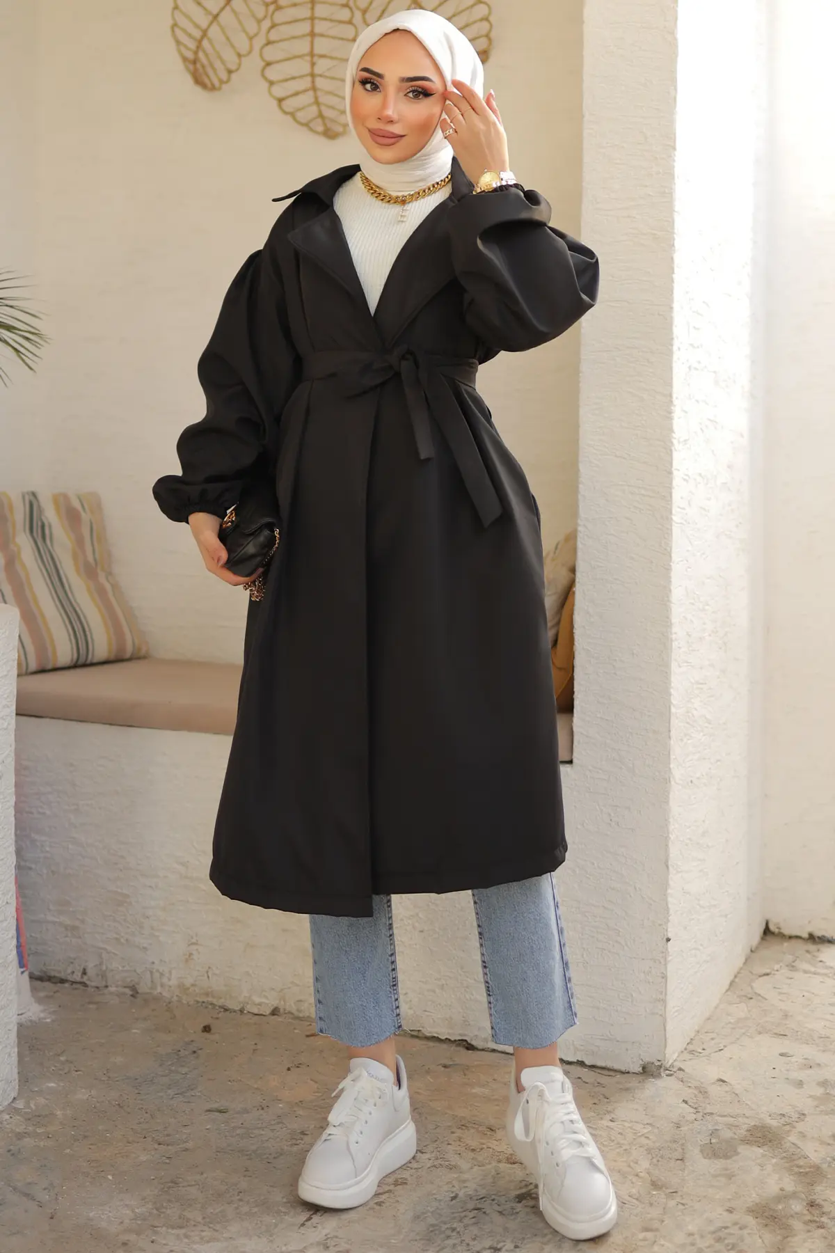 61533 Kuşaklı Trençkot Siyah-detail