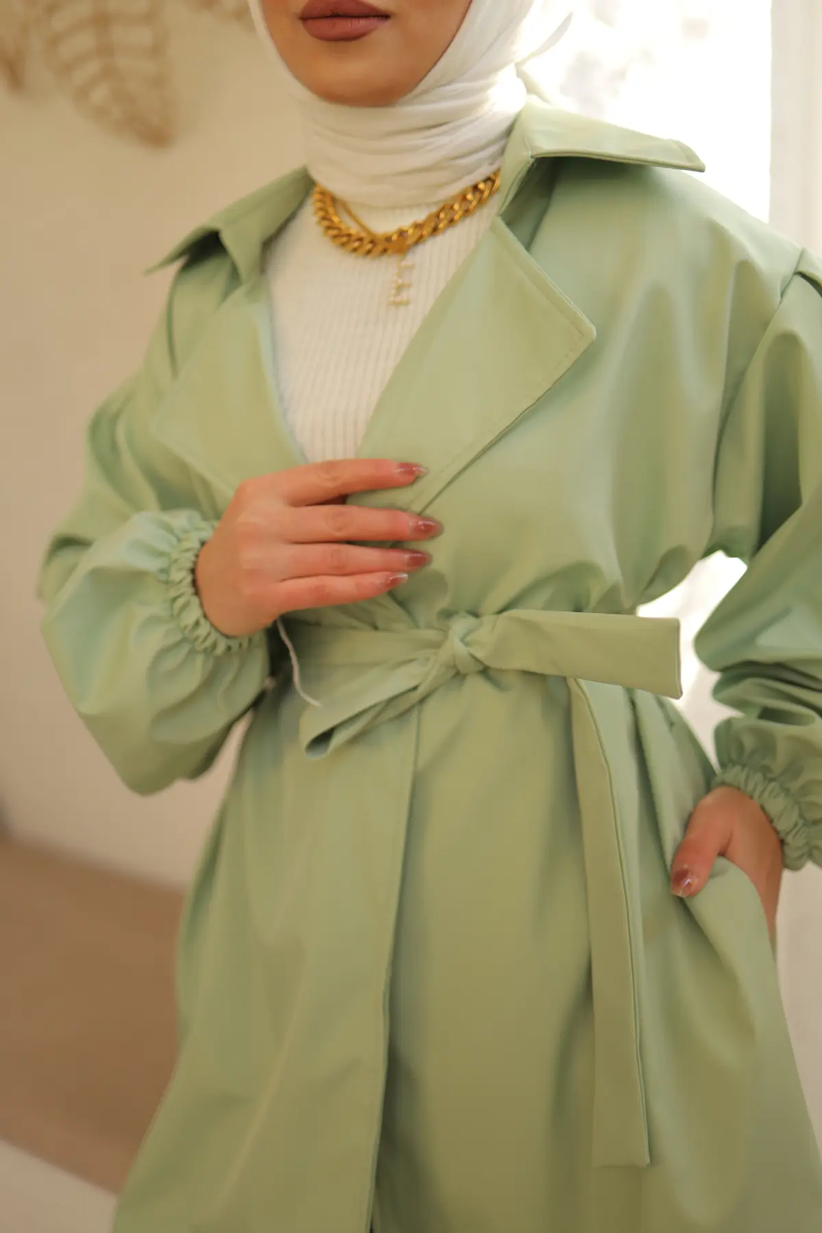 61533 Kuşaklı Trençkot Su Yeşili-detail