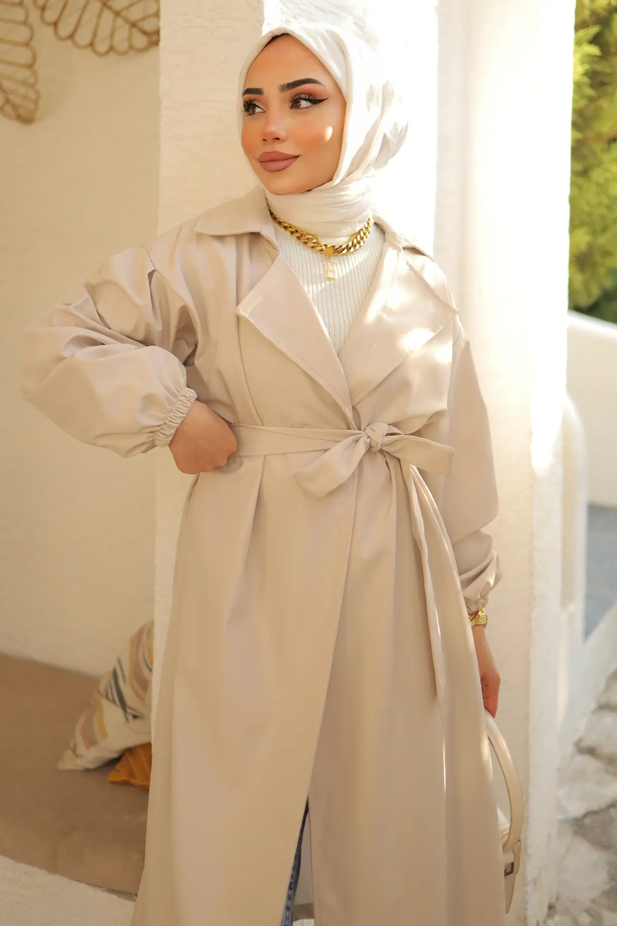 61533 Kuşaklı Trençkot Taş Rengi-detail