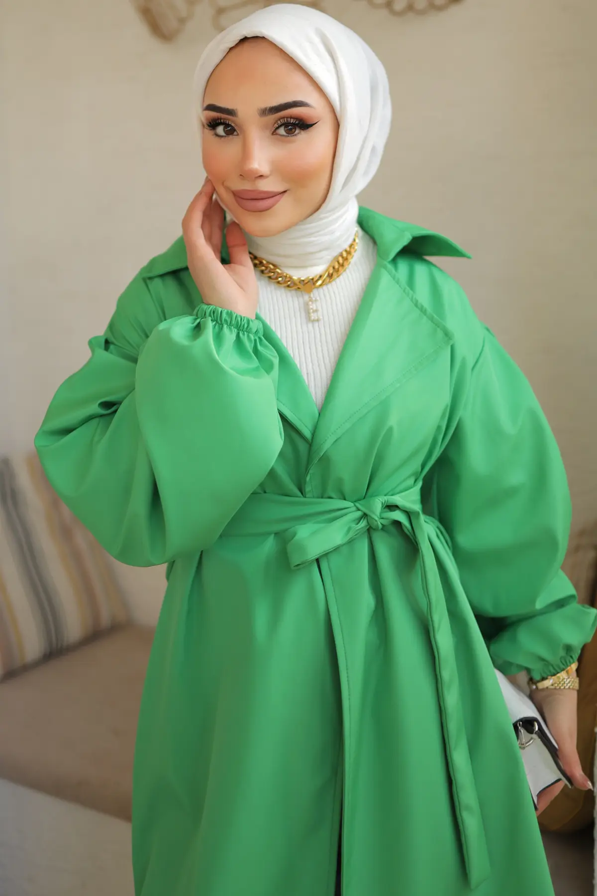 61533 Kuşaklı Trençkot Yeşil-detail