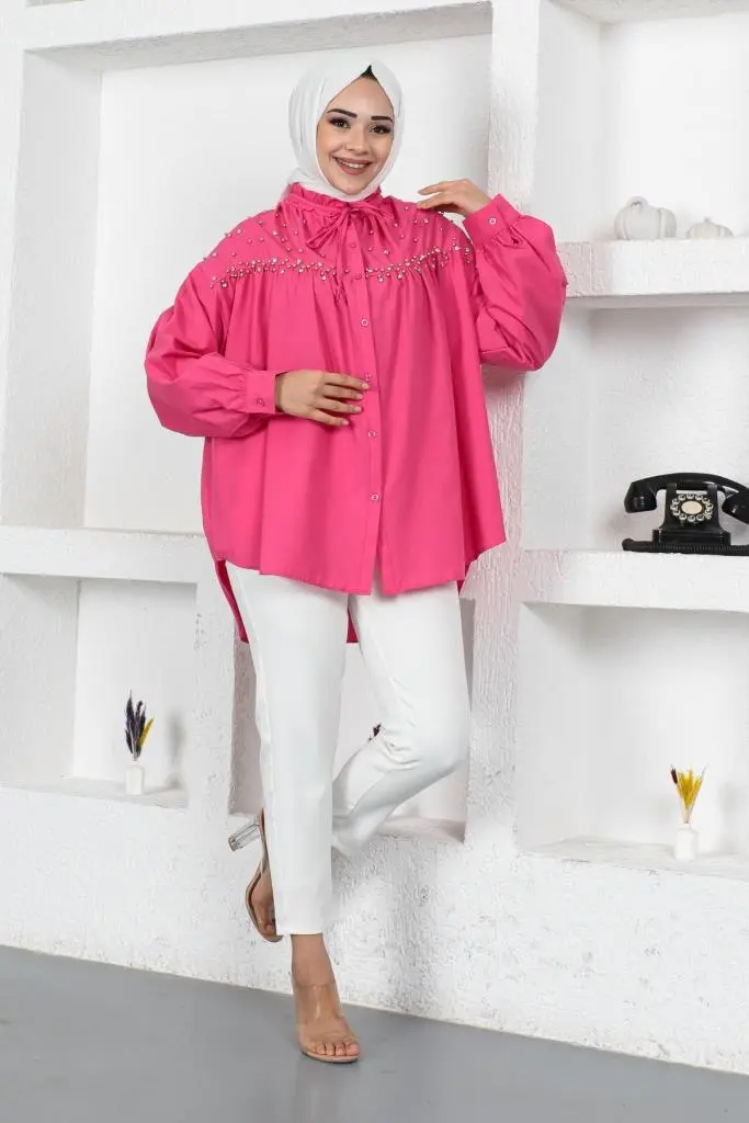 61546 Boncuk Detaylı Tesettür Gömlek Fuşya-detail