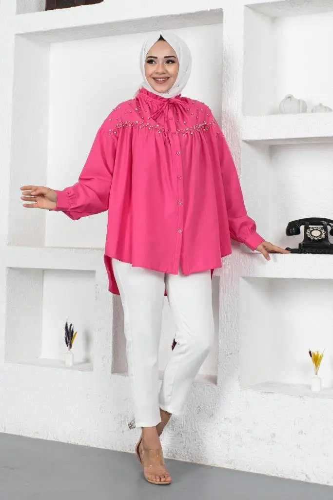 61546 Boncuk Detaylı Tesettür Gömlek Fuşya-detail