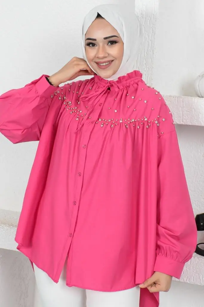 61546 Boncuk Detaylı Tesettür Gömlek Fuşya-detail