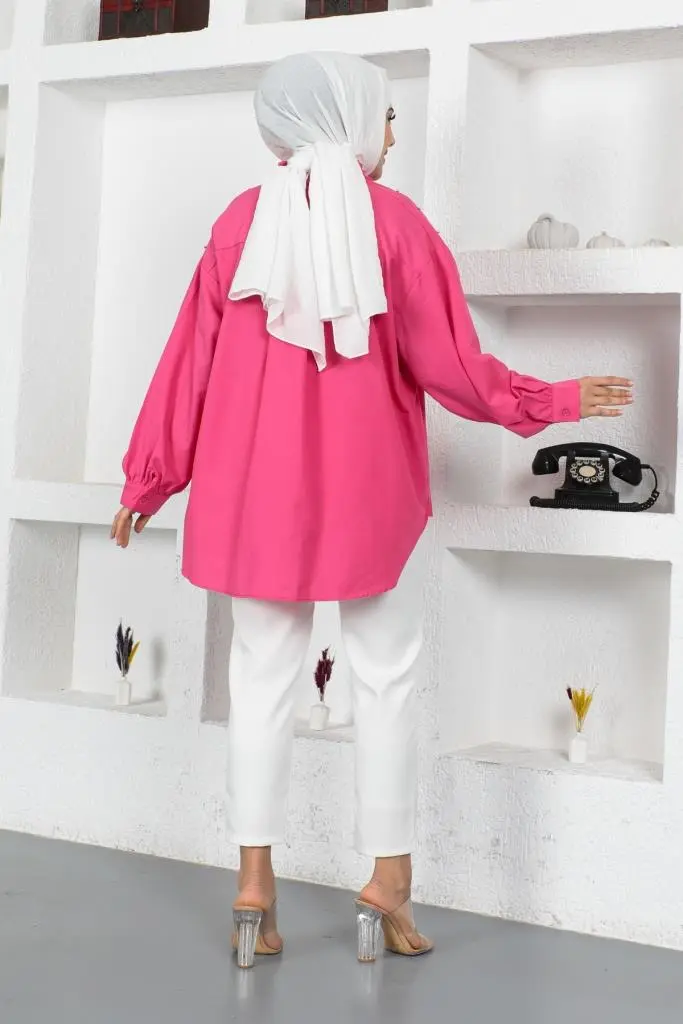 61546 Boncuk Detaylı Tesettür Gömlek Fuşya-detail