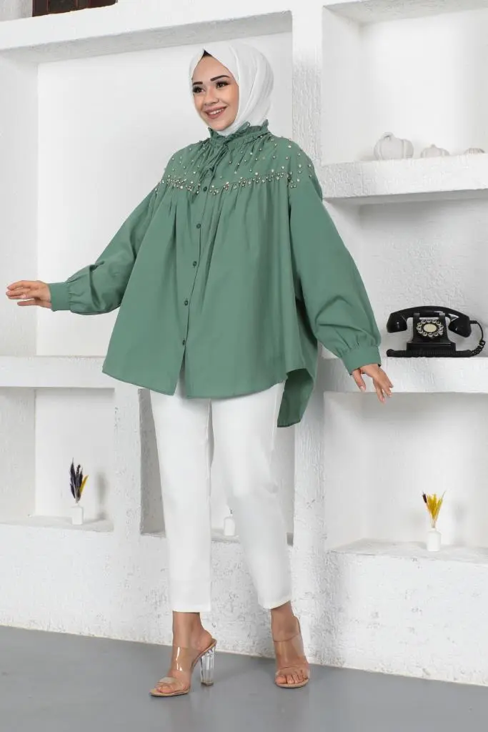 61546 Boncuk Detaylı Tesettür Gömlek Mint Yeşili-detail