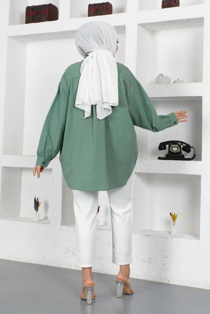 61546 Boncuk Detaylı Tesettür Gömlek Mint Yeşili-detail