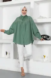 61546 Boncuk Detaylı Tesettür Gömlek Mint Yeşili