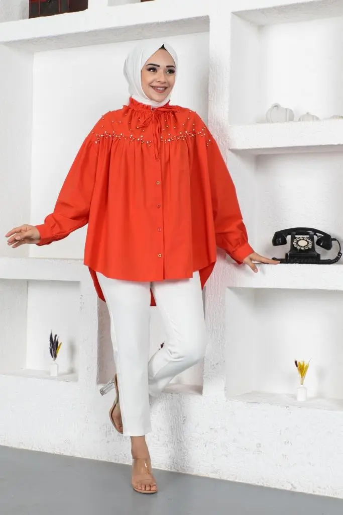 61546 Boncuk Detaylı Tesettür Gömlek Oranj-detail