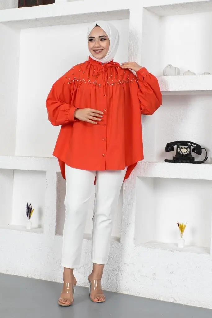 61546 Boncuk Detaylı Tesettür Gömlek Oranj-detail