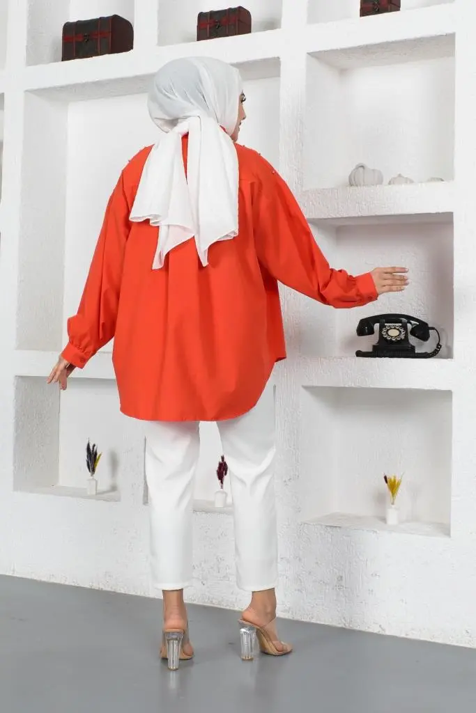 61546 Boncuk Detaylı Tesettür Gömlek Oranj-detail