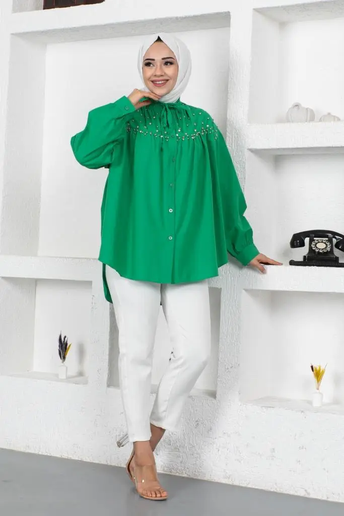 61546 Boncuk Detaylı Tesettür Gömlek Yeşil-detail