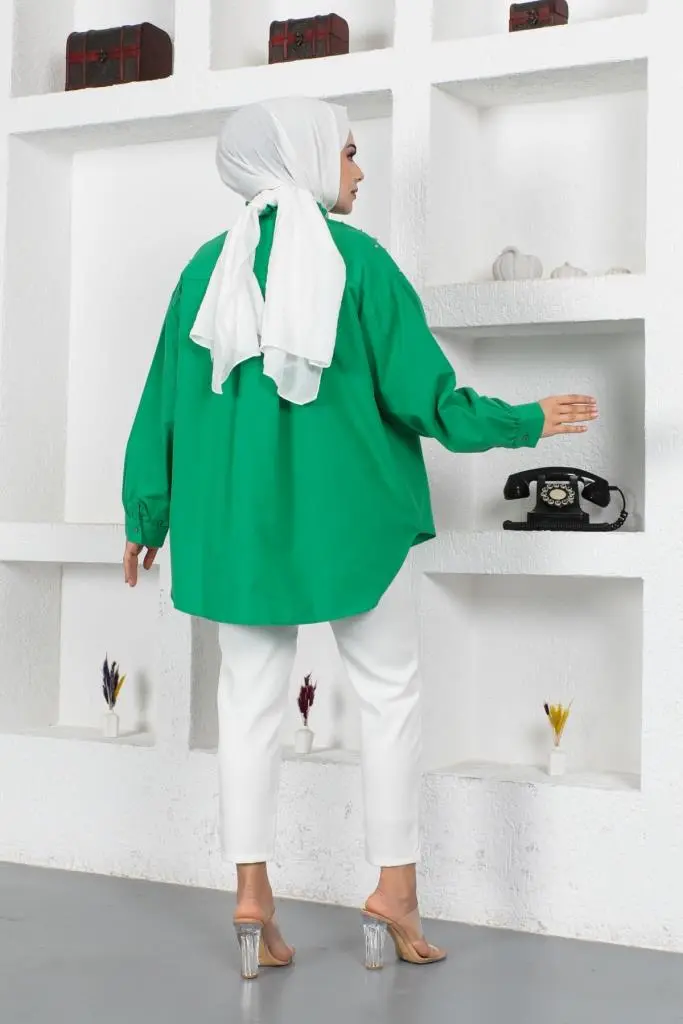 61546 Boncuk Detaylı Tesettür Gömlek Yeşil-detail