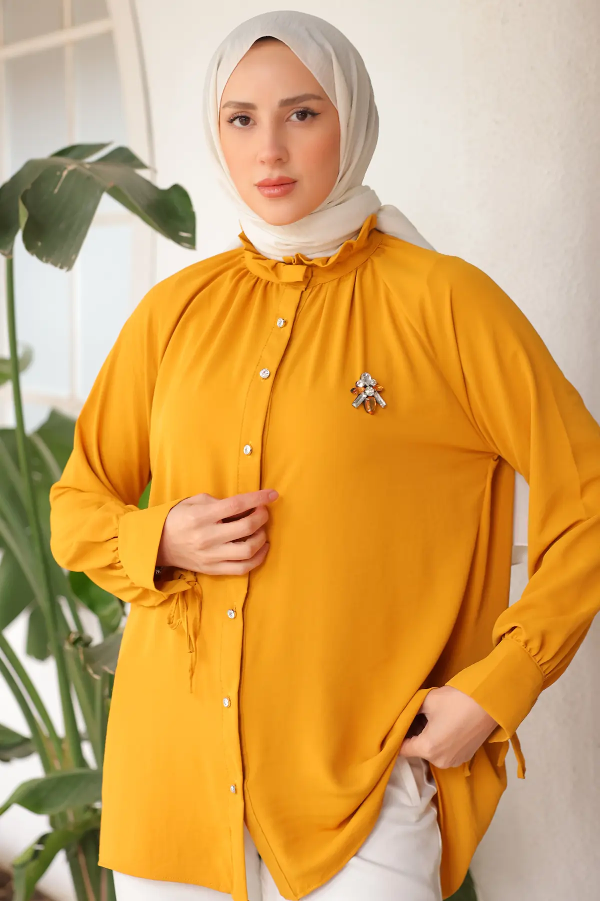 61639 Broşlu Gömlek Hardal-detail