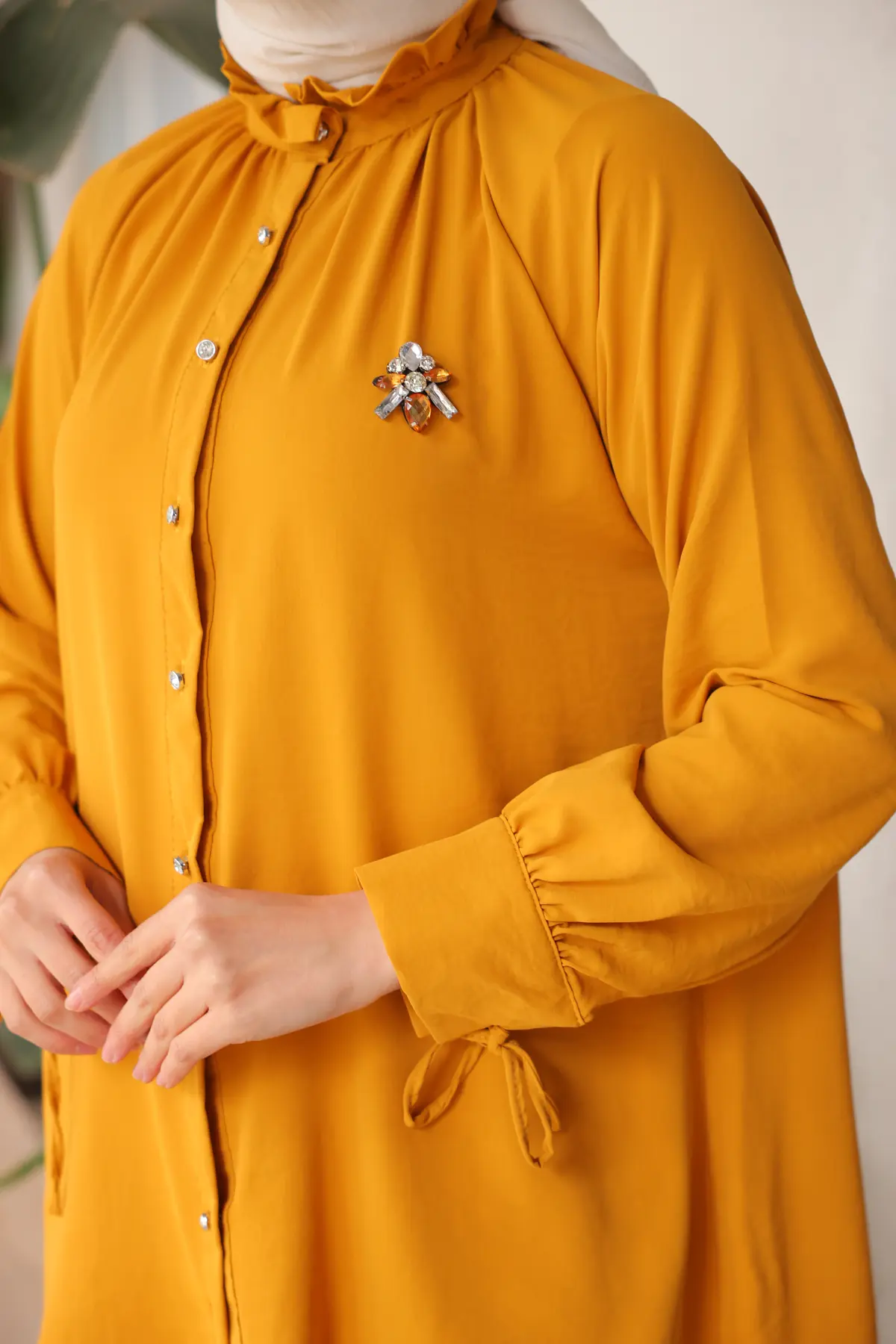 61639 Broşlu Gömlek Hardal-detail