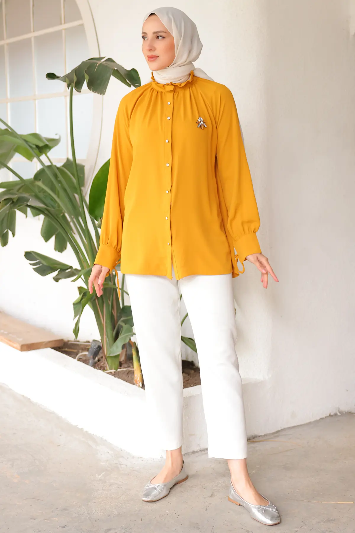 61639 Broşlu Gömlek Hardal-detail