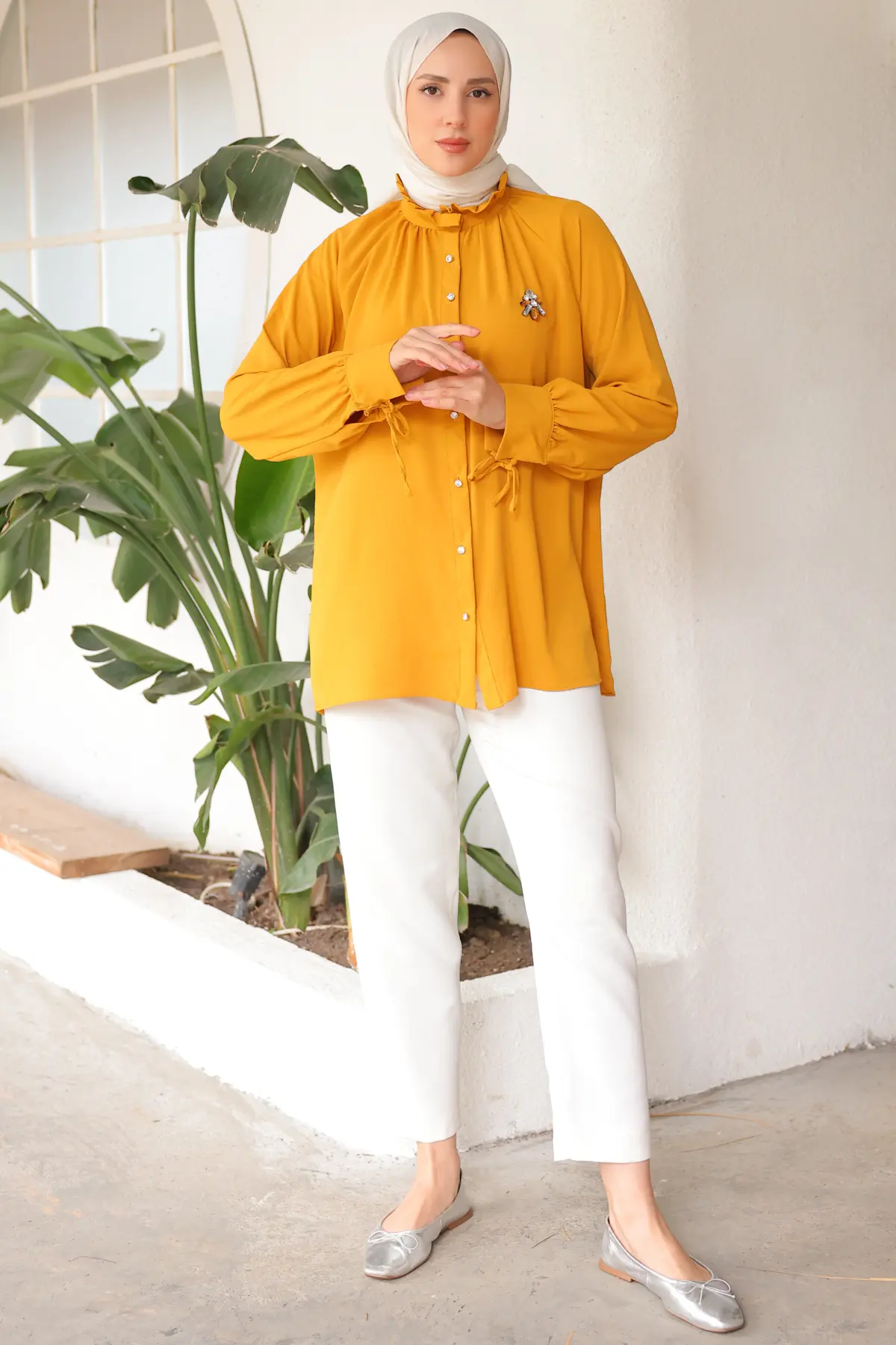 61639 Broşlu Gömlek Hardal-detail