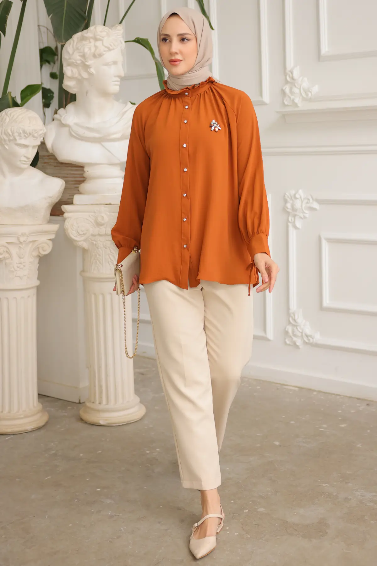 61639 Broşlu Gömlek Kiremit-detail