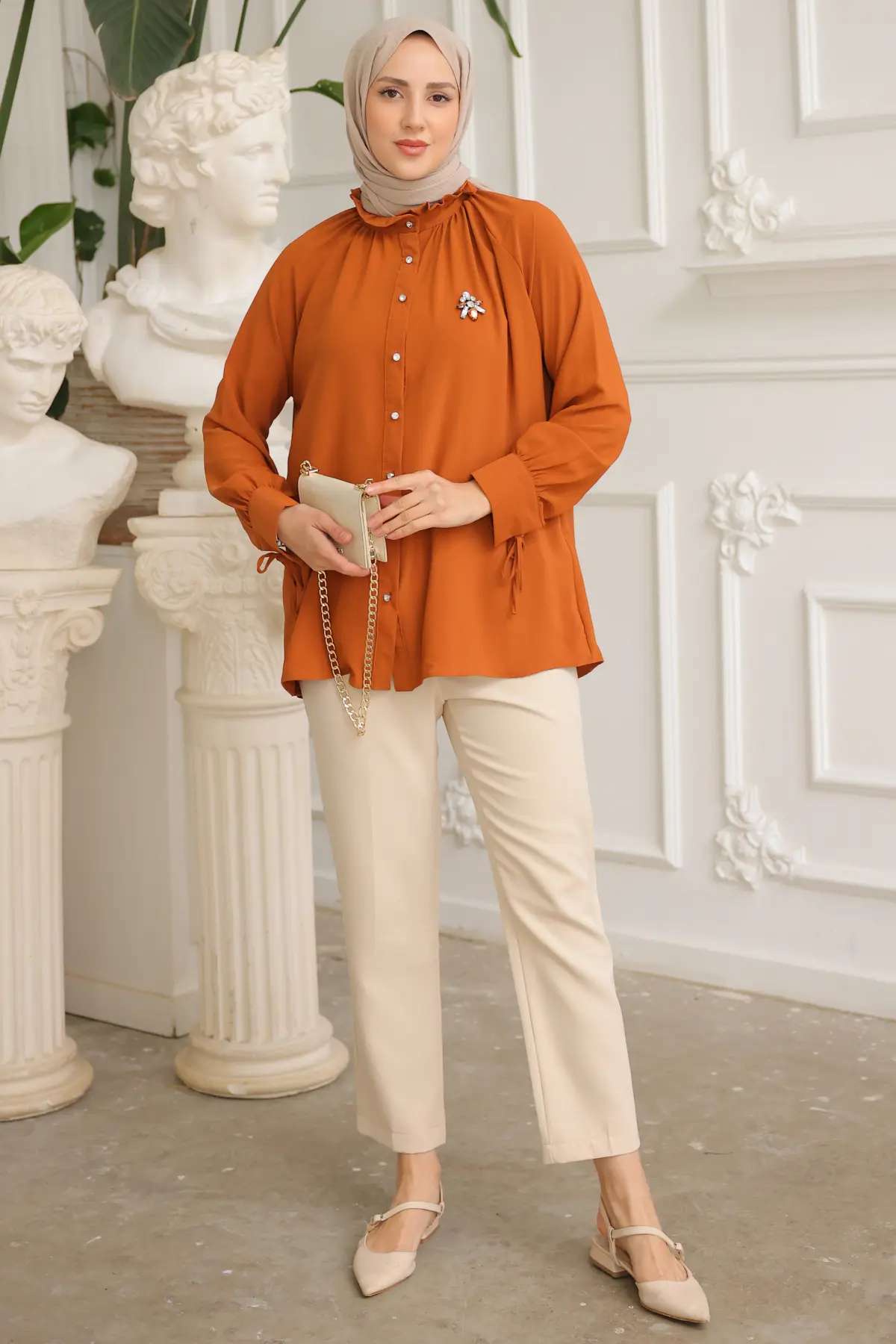 61639 Broşlu Gömlek Kiremit-detail