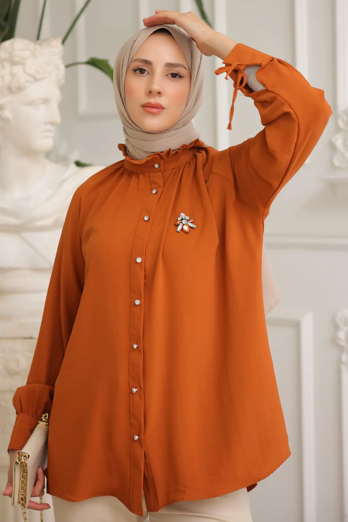 61639 Broşlu Gömlek Kiremit-detail