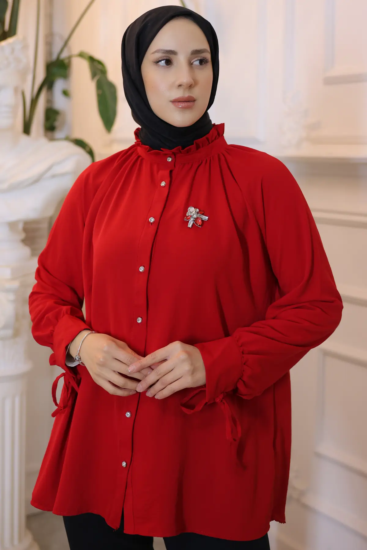 61639 Broşlu Gömlek Kırmızı-detail