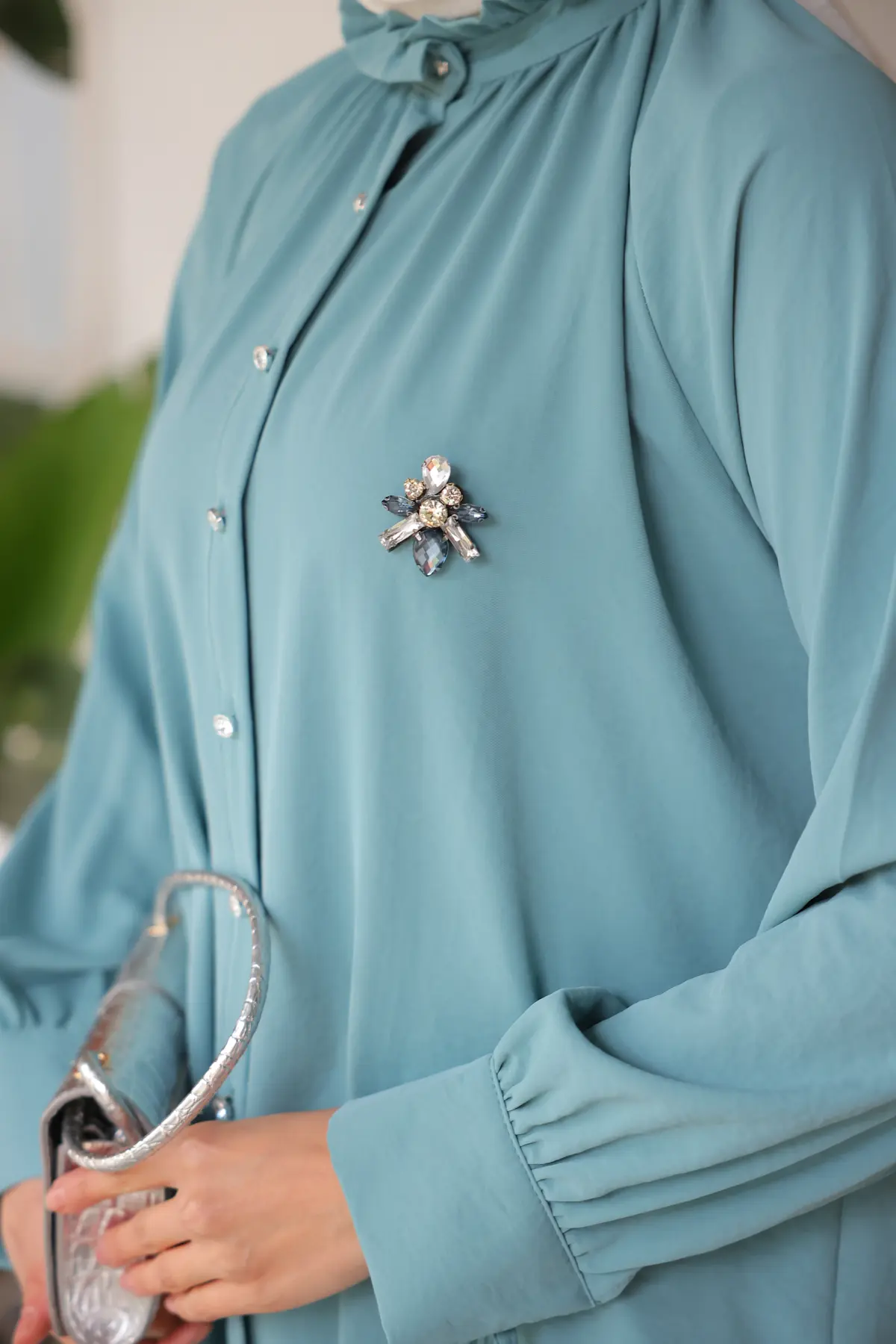 61639 Broşlu Gömlek Mint Yeşili-detail