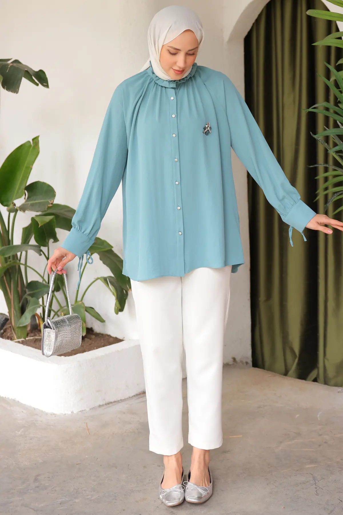 61639 Broşlu Gömlek Mint Yeşili-detail