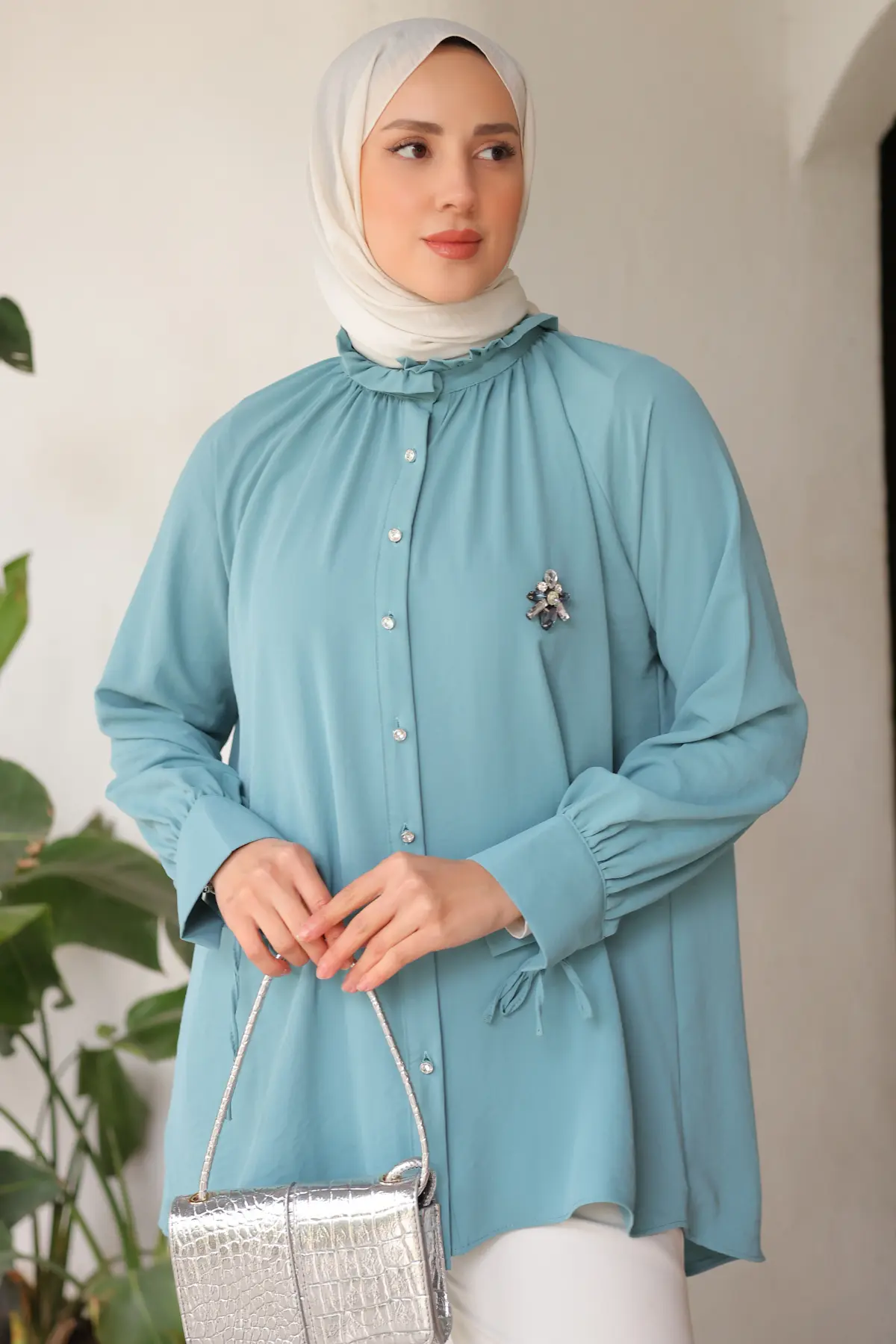 61639 Broşlu Gömlek Mint Yeşili-detail