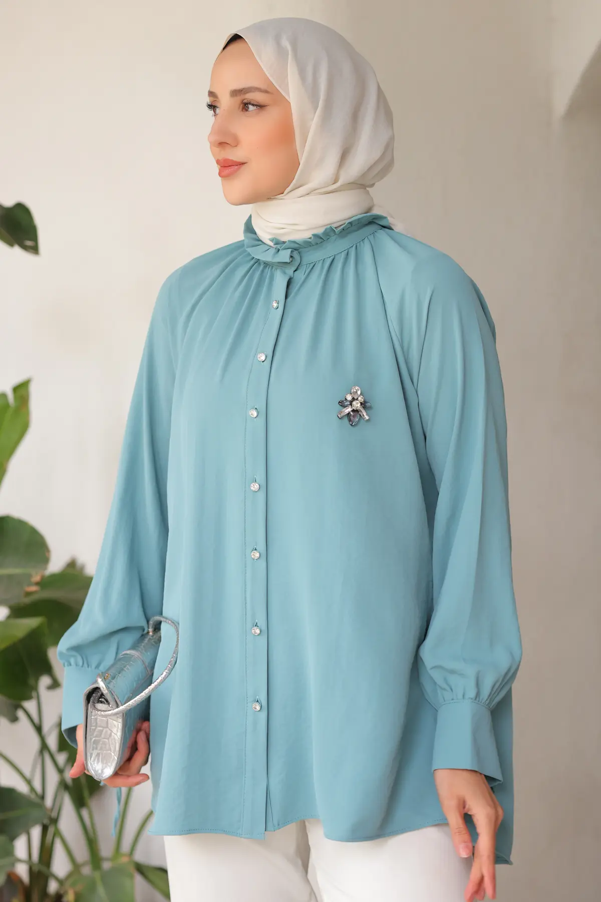 61639 Broşlu Gömlek Mint Yeşili-detail