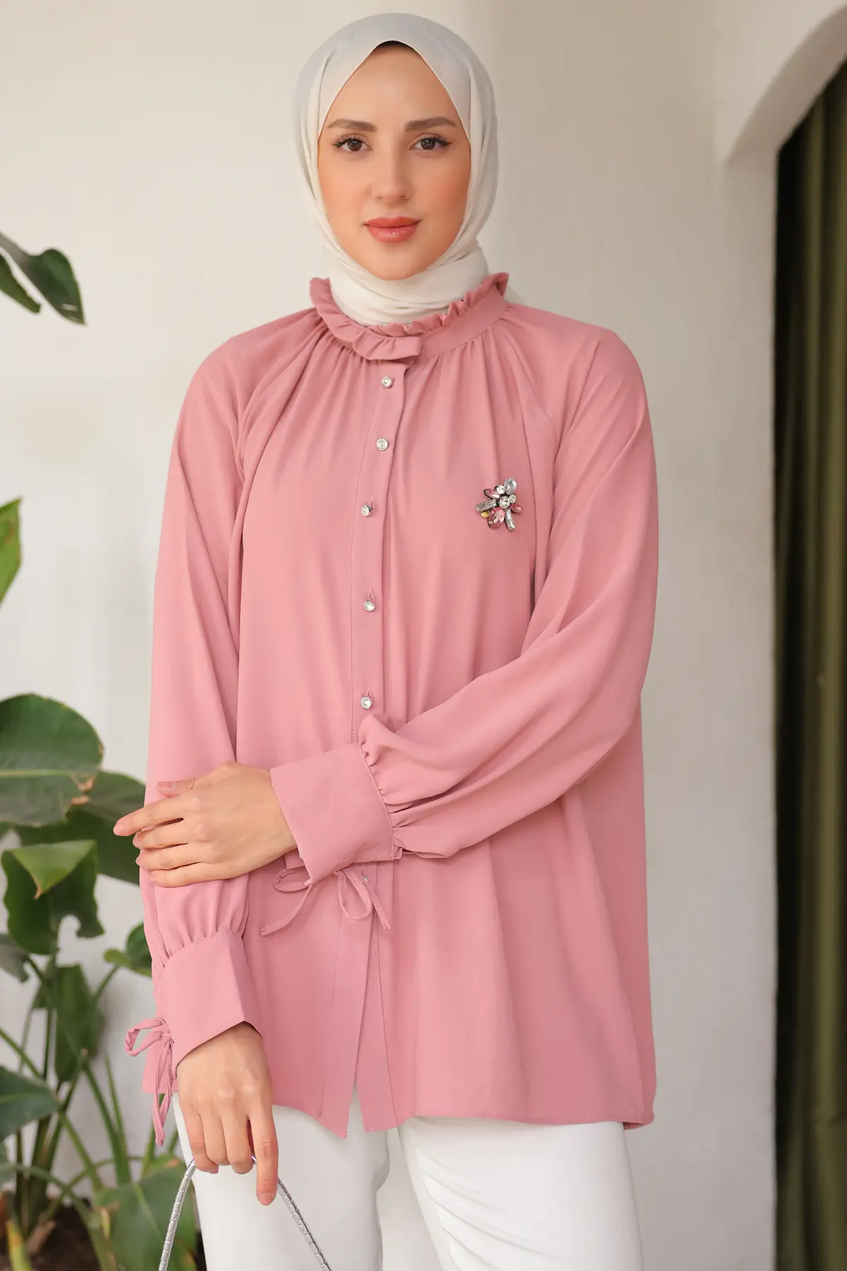 61639 Broşlu Gömlek Pembe-detail