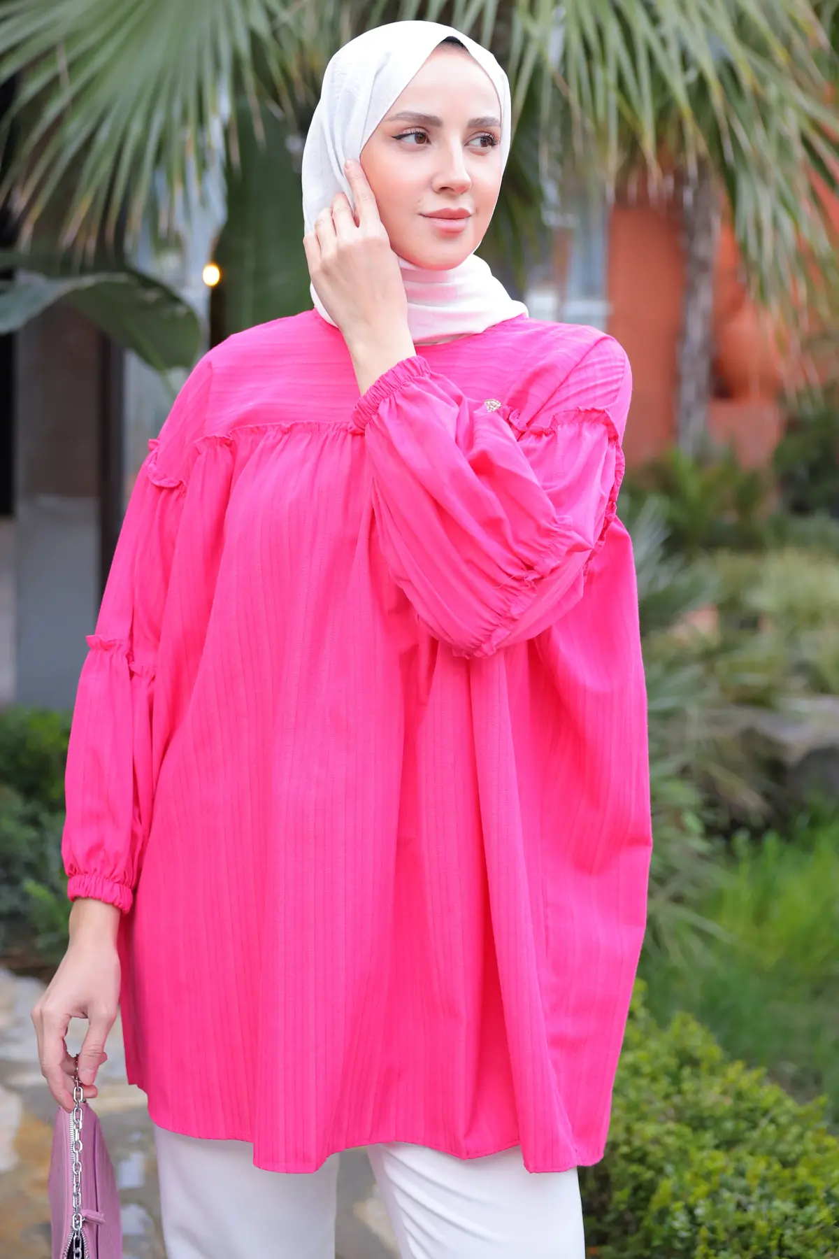 61647 Broş Detaylı Fırfırlı Gömlek Fuşya-detail