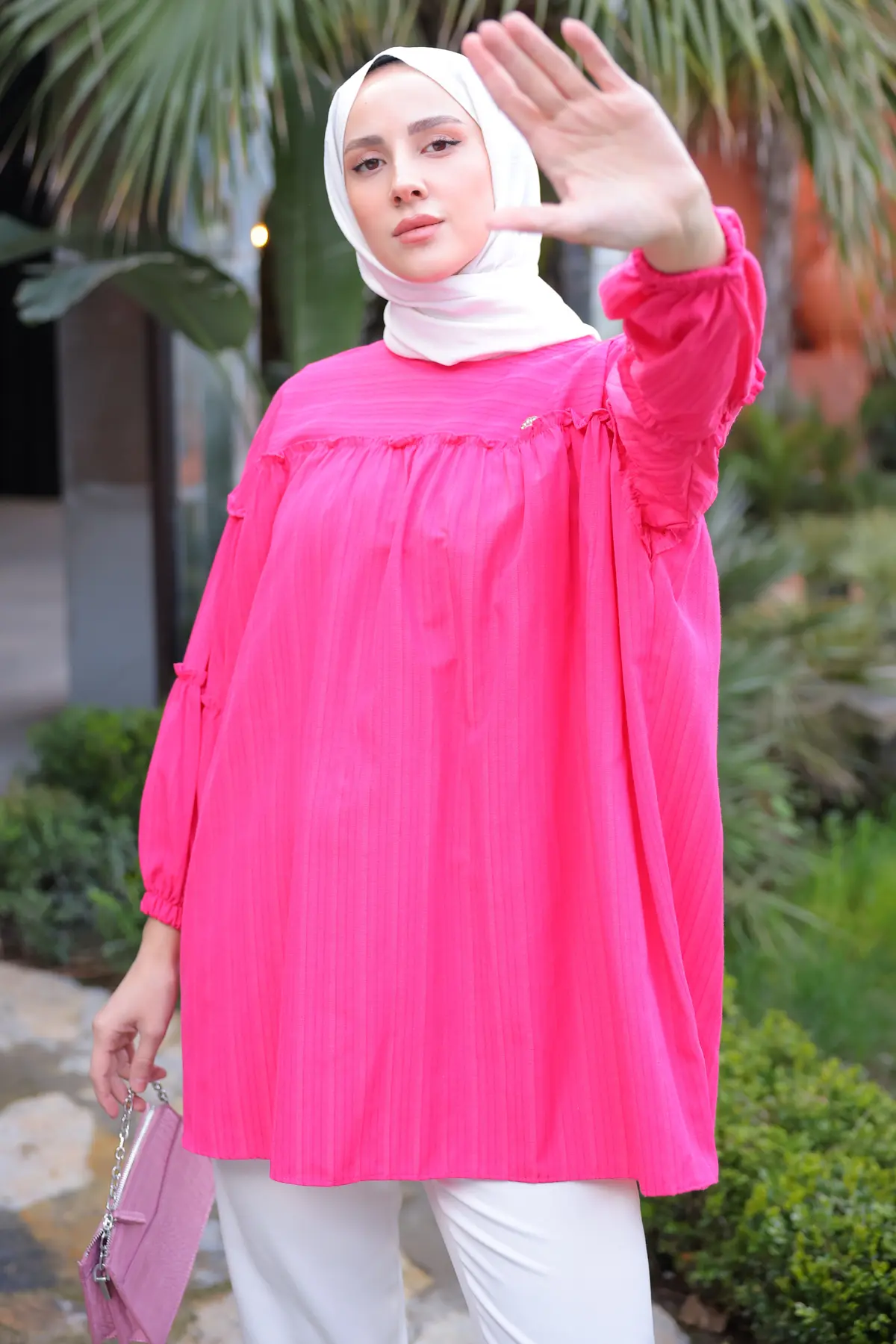 61647 Broş Detaylı Fırfırlı Gömlek Fuşya-detail