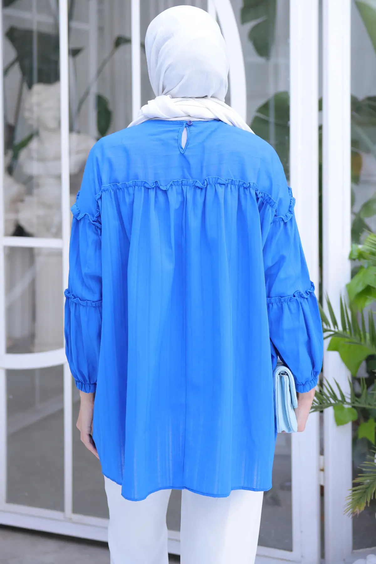 61647 Broş Detaylı Fırfırlı Gömlek Saks Mavisi-detail